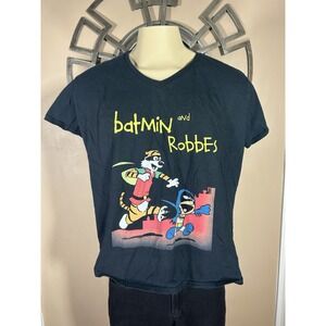 Calvin and Hobbes Batmin and Robbes Womens 2XL Black T-Shirt Comic Strip V-neck